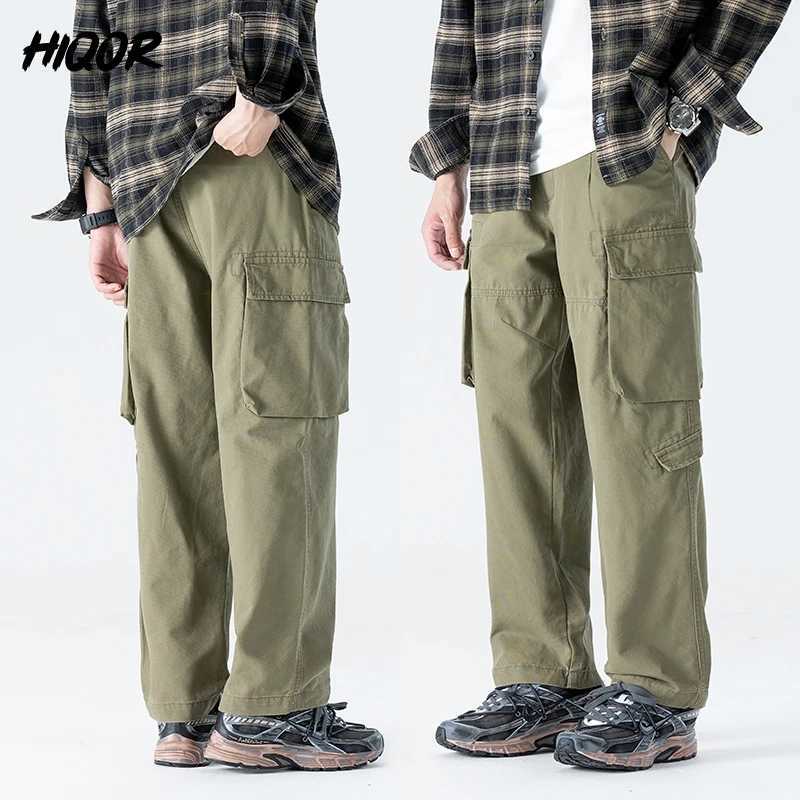 HIQOR New In Men Workwear Pants Autumn Winter Men Baggy Straight Casual Pants Man Cotton Cargo Pants Outdoor Armygreen Overalls LX241107