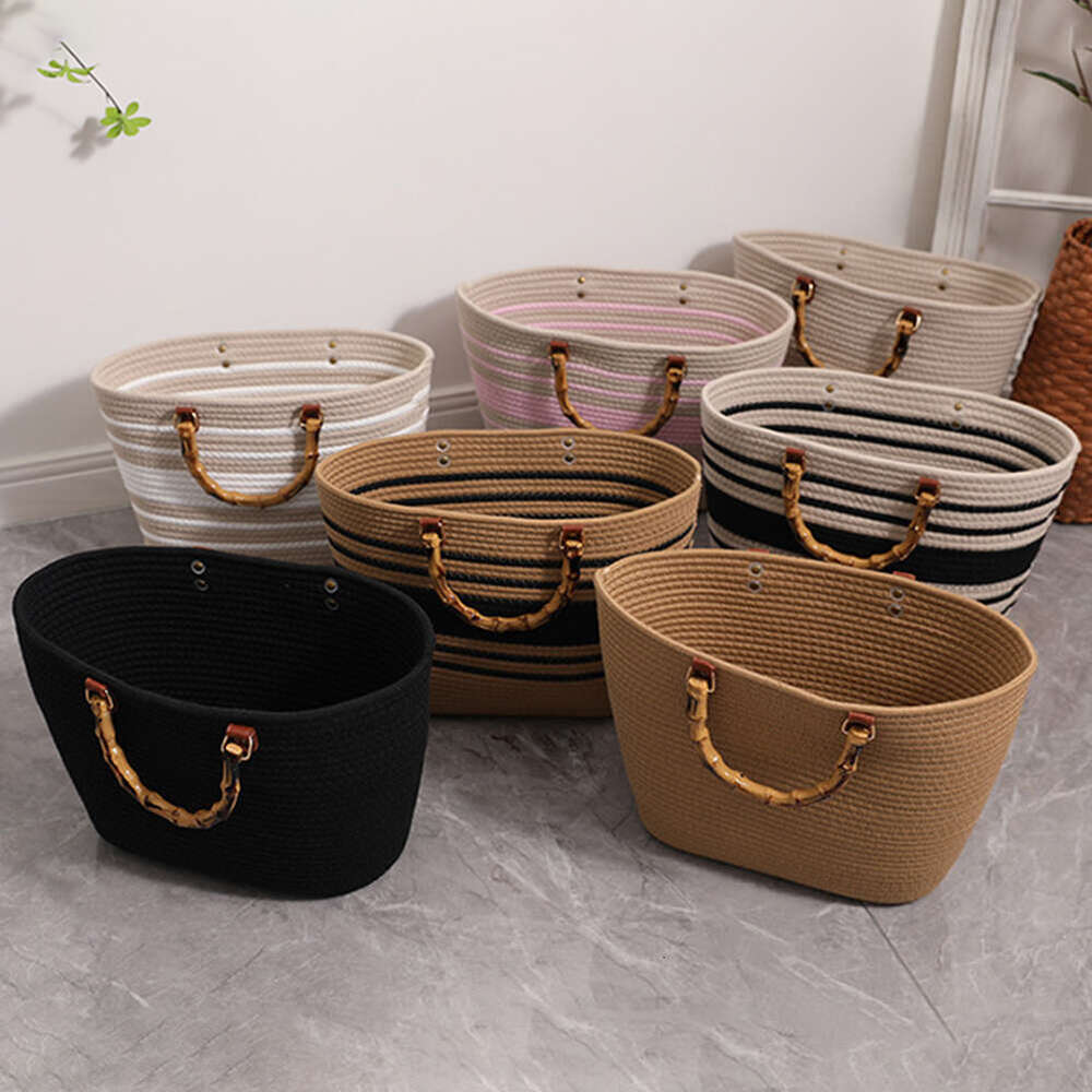 Shopping Tote Bamboo Handle Women Weaving Bag Large Capacity Striped Portable Casual Fashion Exquisite for Seaside Party