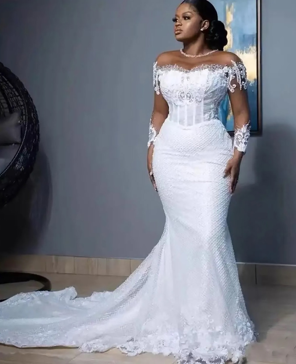 White Mermaid Wedding Dresses Women Elegant Sheer Long Sleeved Bridal Gowns Lace Country Dress Second Reception Gown