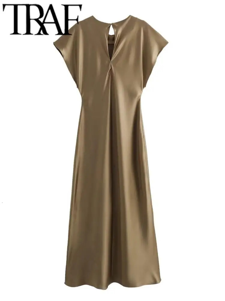 TRAF GAL Summer Women Elegant Satin Long Dress Keyhole Back A-Line Sleeveless Mujer Slim Midi Dress Party Robe Y2K Thin 240319