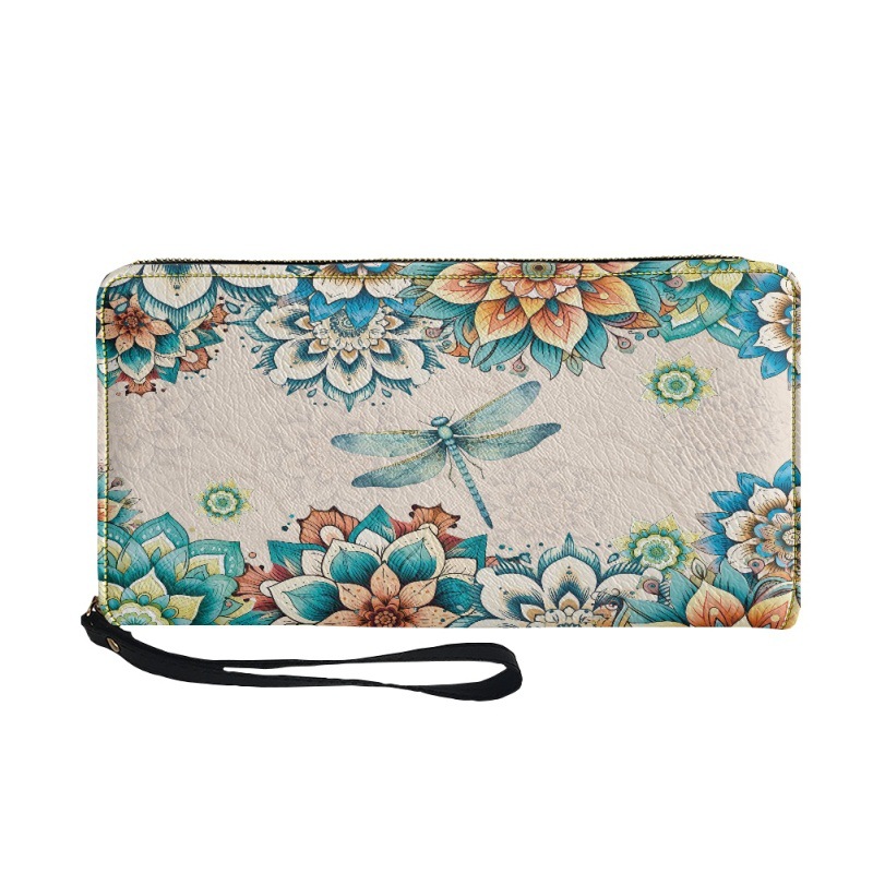 Women's Zippered Clutch Long Multifunctional Storage Wallet Handbag Dragonfly Print Card Holder