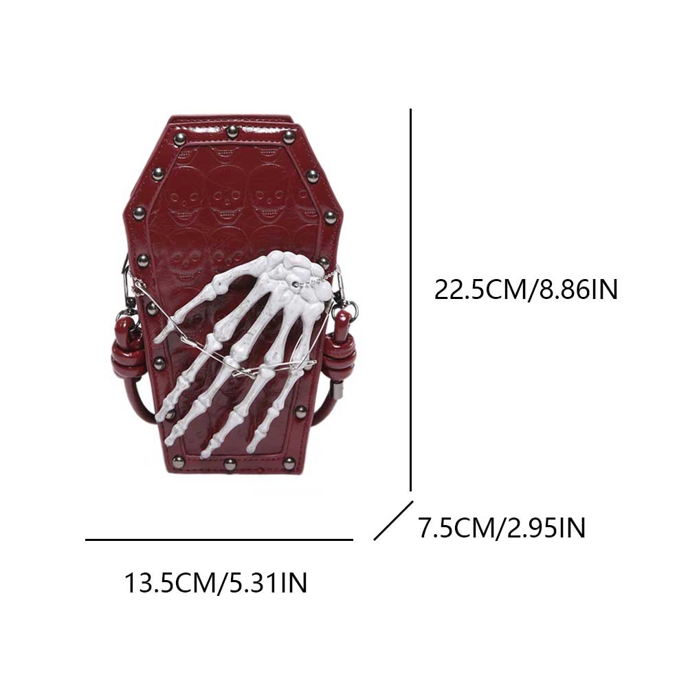 Punk Skull Coffin Purse PU Leather Retro Gothic Cell Phone Purse Coffin Handbag for Women Halloween Cosplay
