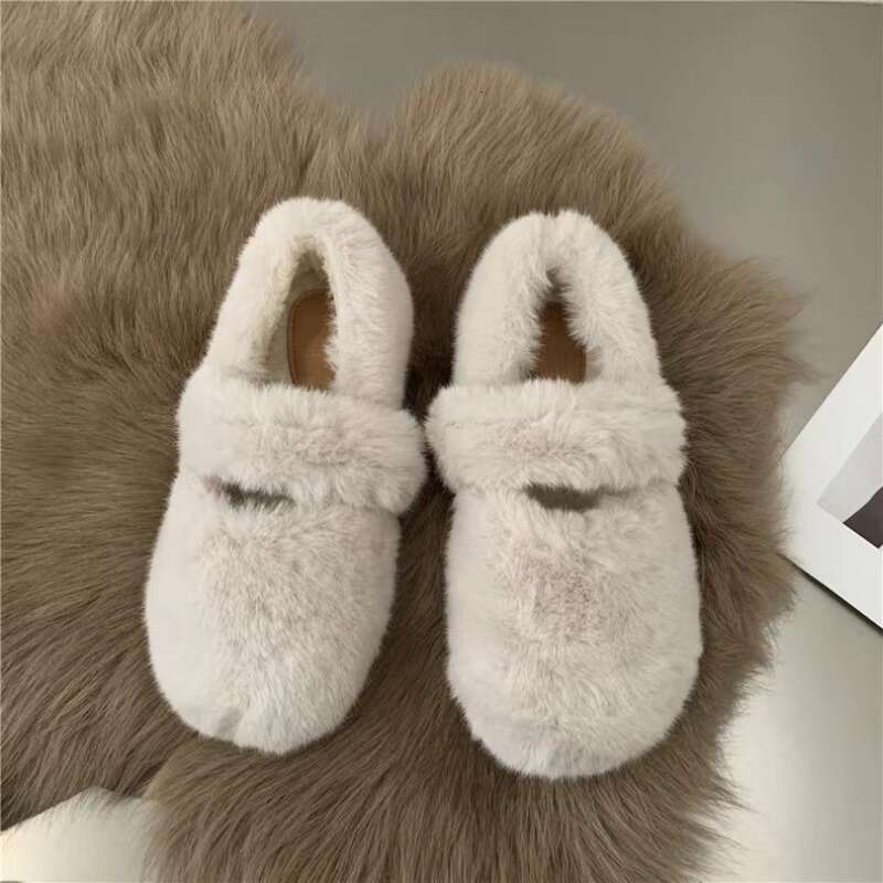 New Fashion Women's Winter Fur Flat Shoes Warm Plush Mary Jane Casual Ballet Shoes Outdoor Round Toe Shallow Footwear