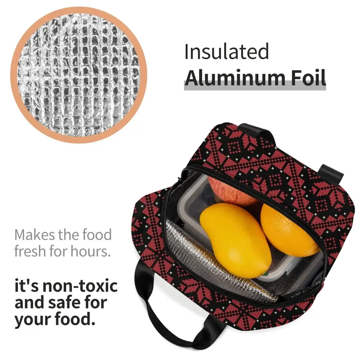 Palestinian Tatreez Insulated Lunch Bags Cooler Bag Reusable Palestine Large Tote Lunch Box Men Women School Outdoor