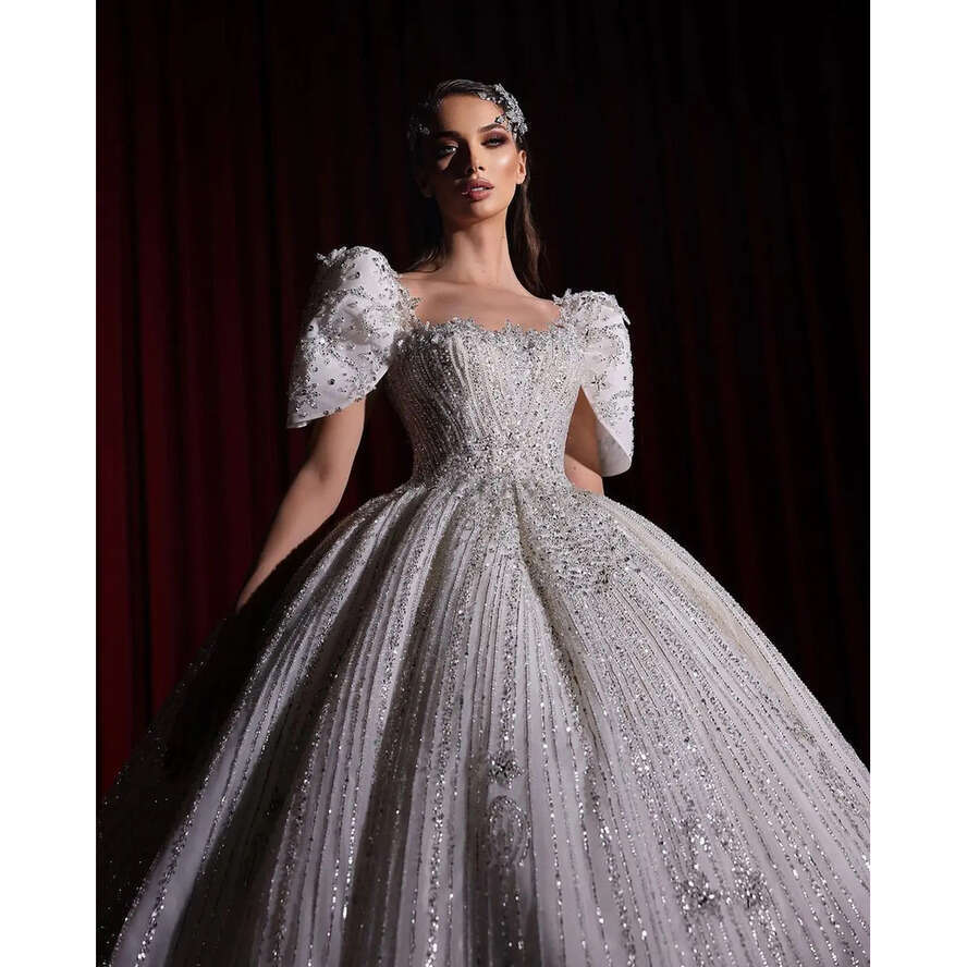 Bride Sparkly Crystal Sequins Dresses Shiny Rhie Square Wedding Dress 2024 Court Train