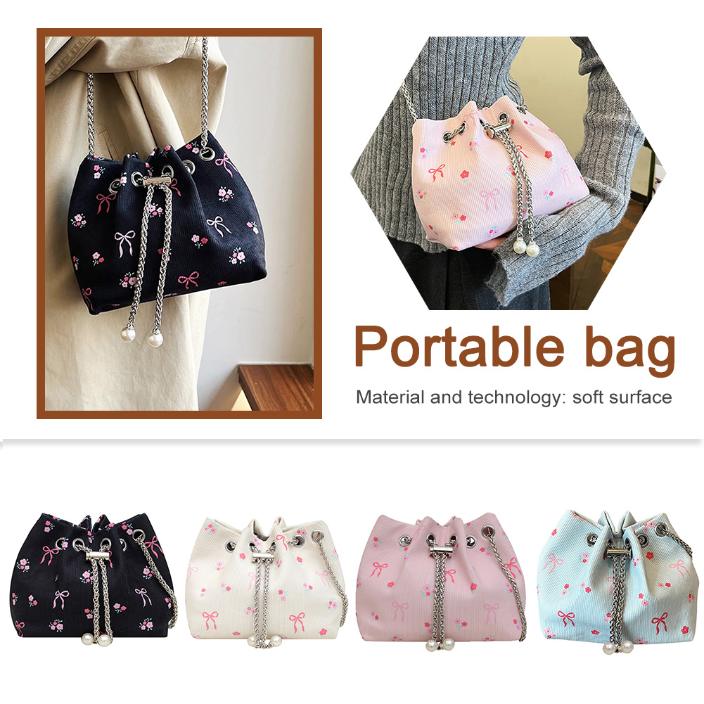 Women Corduroy Bucket Bag Bow Print Shoulder Bag with Chain Crossbody Bag Clutch Purse for Work Travel