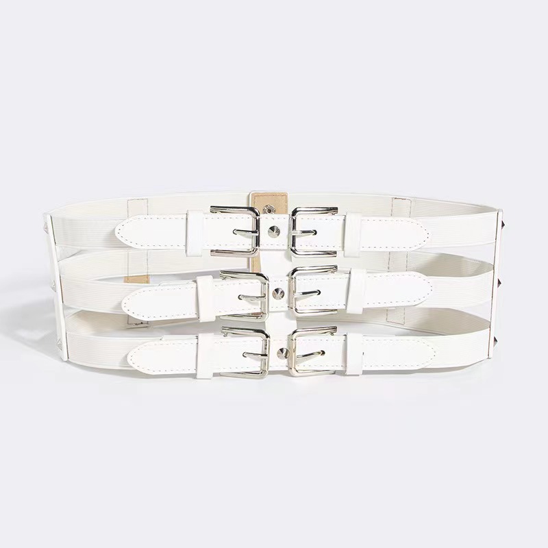 Factory direct wide belt new elastic hollowing girdle fashion versatile three rows of buttons splicing adjustable
