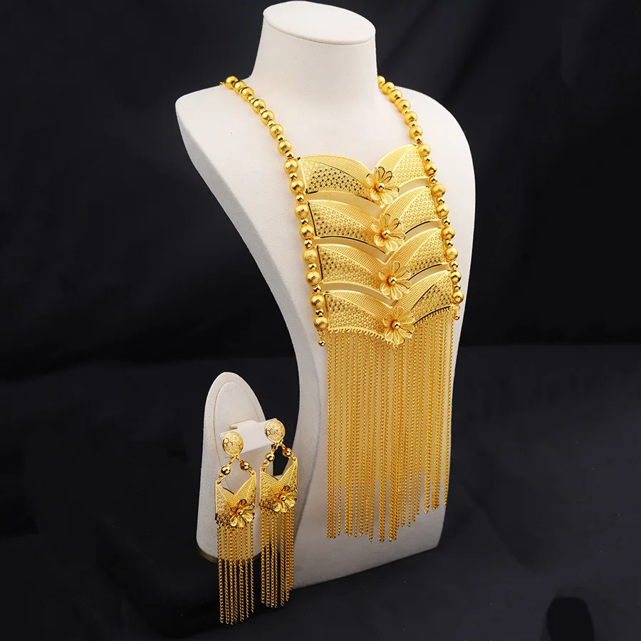 Dubai Indian Necklace Earrings Big Pendant Tassel Jewelry Set Gold Color For Women Nigeria African Bridal Wedding Party Jewelery 241107