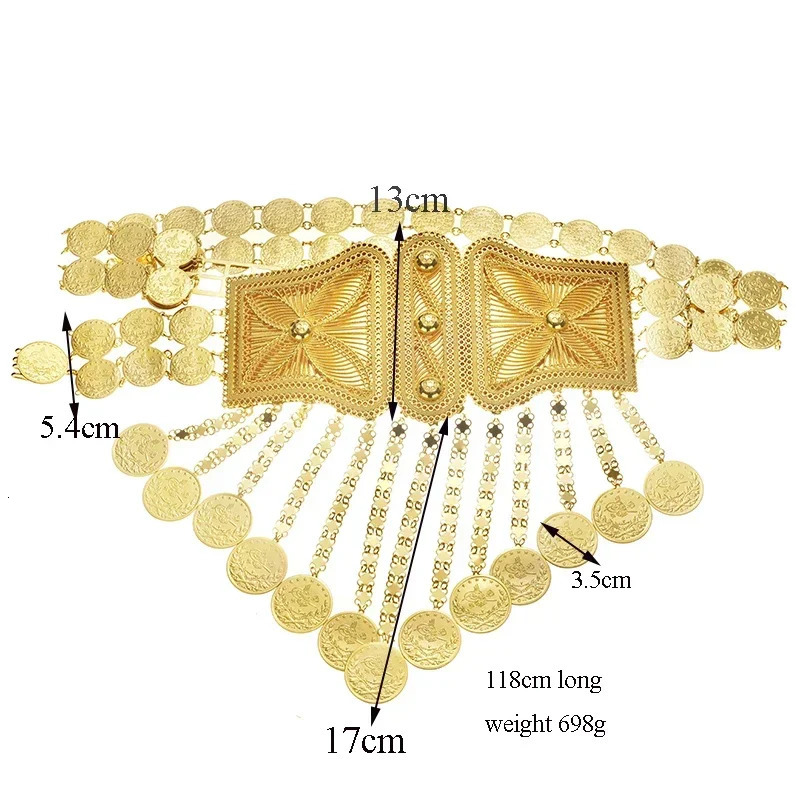 Turkey Totem Coin Pendant for Ladies Turkish Wedding Belt Gold Plated Pendant Oversized Waist Chain Saudi Gift 240313