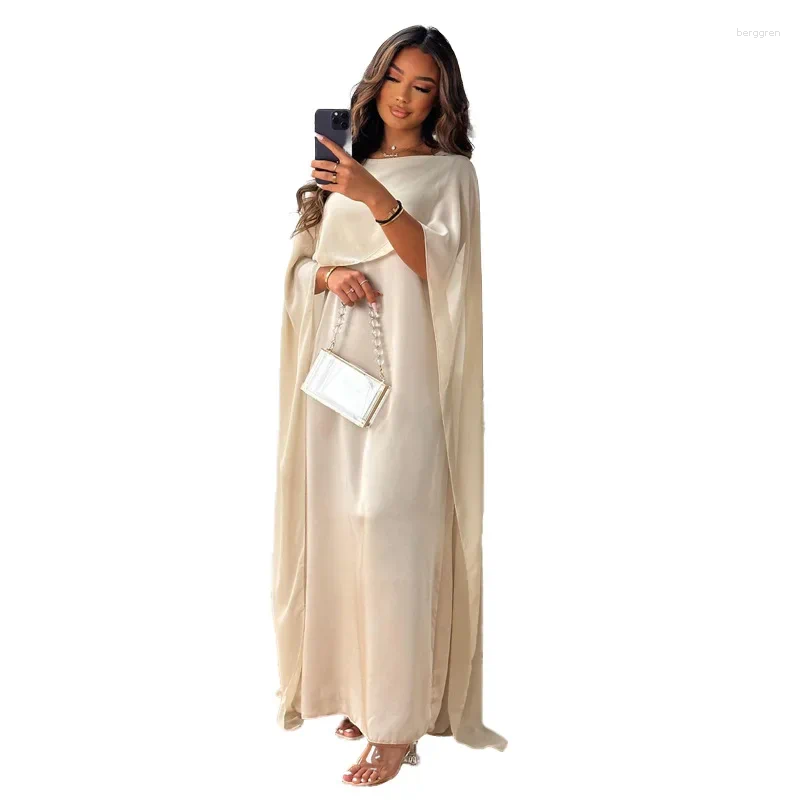 Casual Dresses Autumn Fashion Muslim Women Dress Elegant Solid Chiffon Cloak Satin Dubai Abaya B4