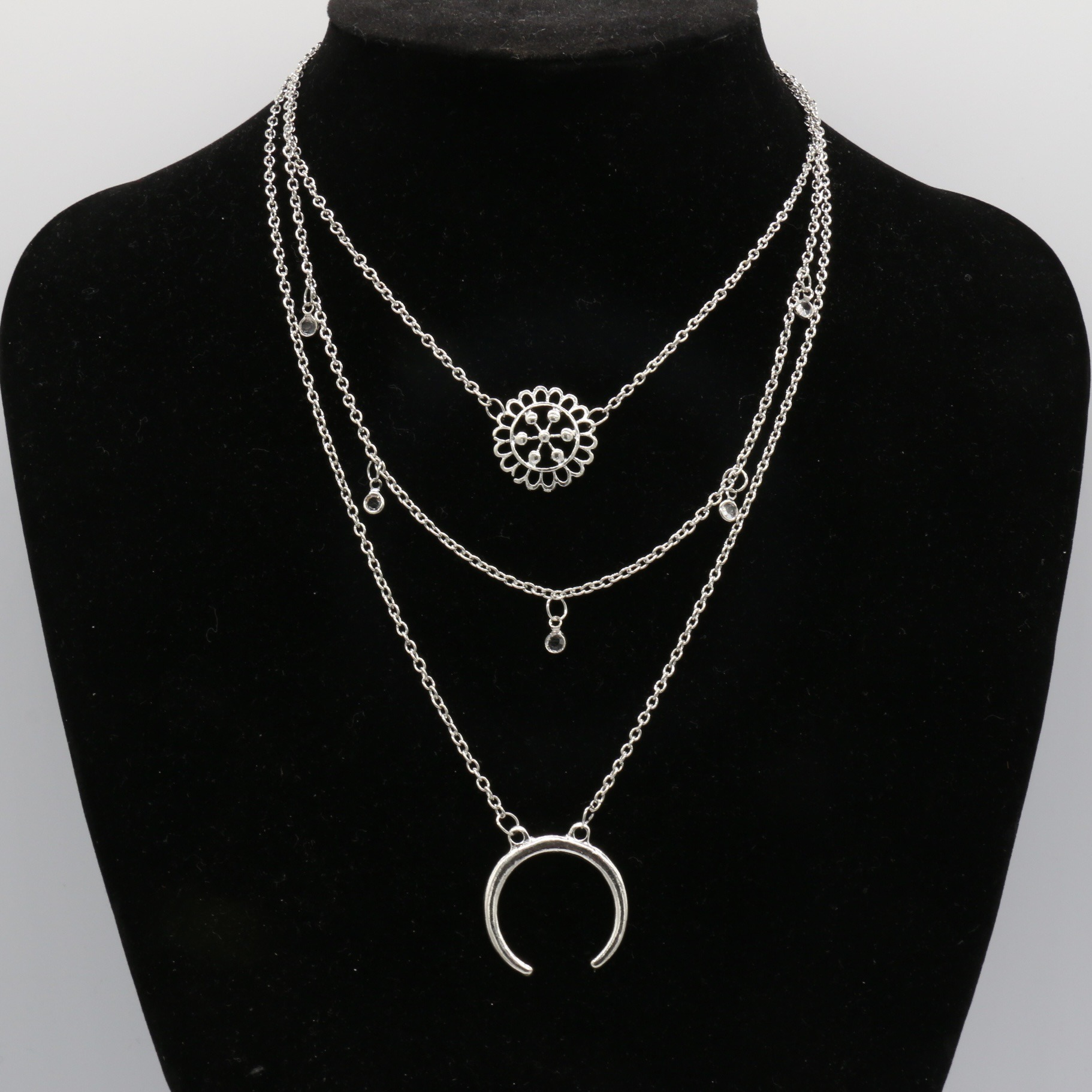 European and American Retro Fashion Personality Exaggerated Crystal Alloy Flower Plate Moon Multi-layer Chest Chain Collarbone Necklace for Women