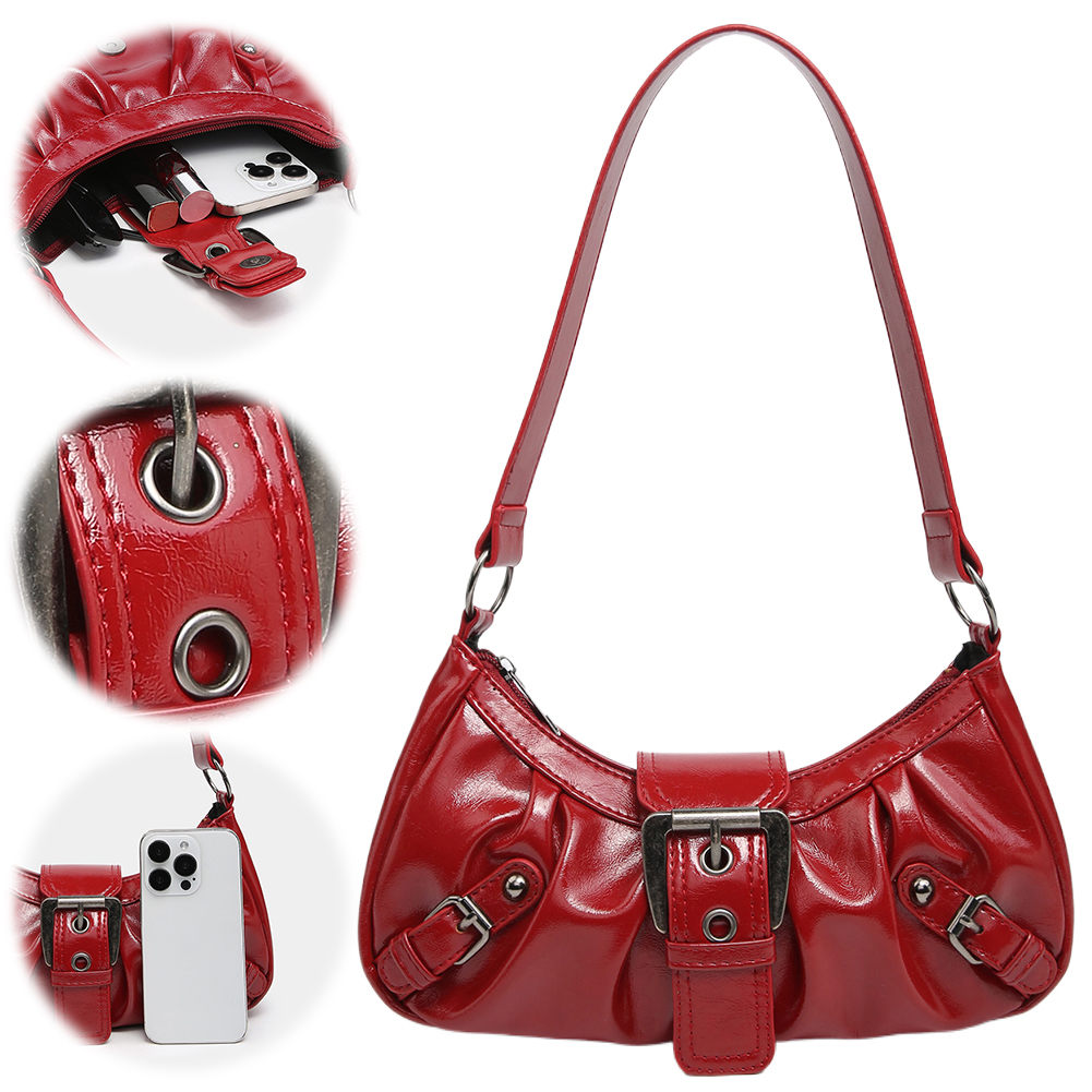 Women Shoulder Bag Y2K PU Leather Crescent Bag Pleated Underarm Purse Magnetic Closure Clutch Purse Travel Commuter Bag