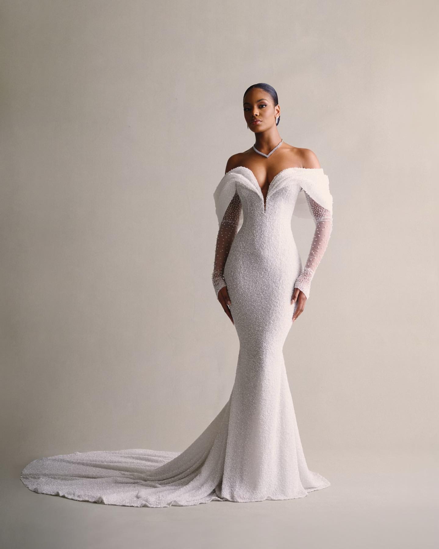 Beaded Mermaid Wedding Dress with Off-Shoulder Sleeves & Sweep Train - 2025 Bridal Gown