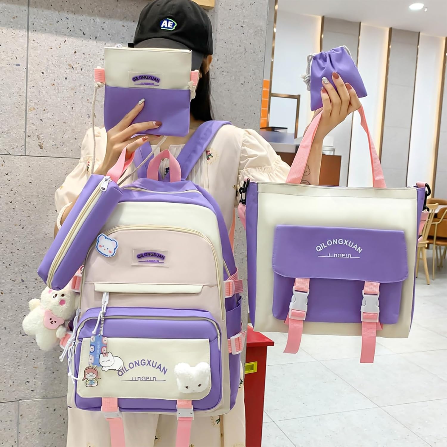 School Bag Set 5 Pieces School Bag Girls Backpack School Teenager for Girls School Bag Set with Shopping Bag Pencil Case