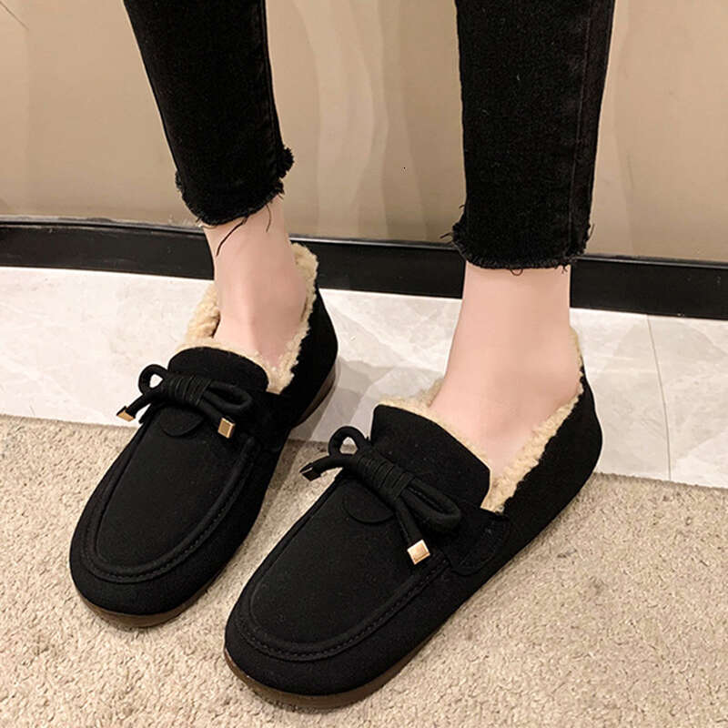 Black Leather Loafers Shoes Woman Boots Winter Flat Fashion Keep Warm One-step Faux Fur Casual Shoes Women Walking Flats Shoes