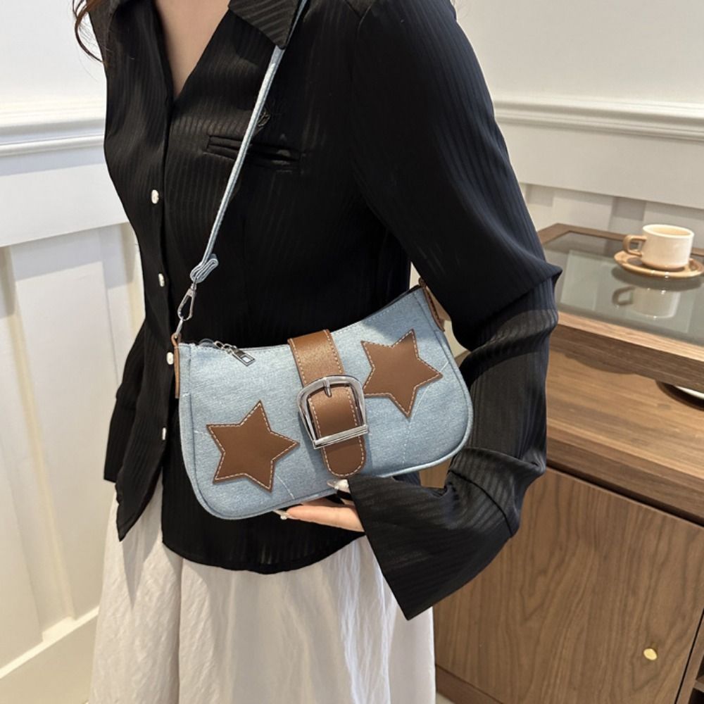 Minimalist Hasp Star Shoulder Bag PU Harajuku Y2k Underarm Bag Zipper Korean Style Denim Handbag Girls
