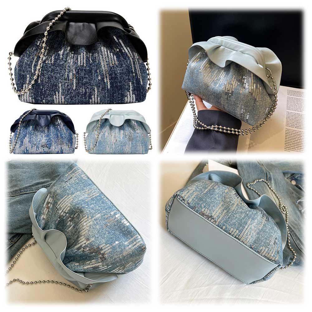 Denim Women Shoulder Bag Sequin Crossbody Bag Chain Handbag Hobo Bag Wedding Party Bridal Purse