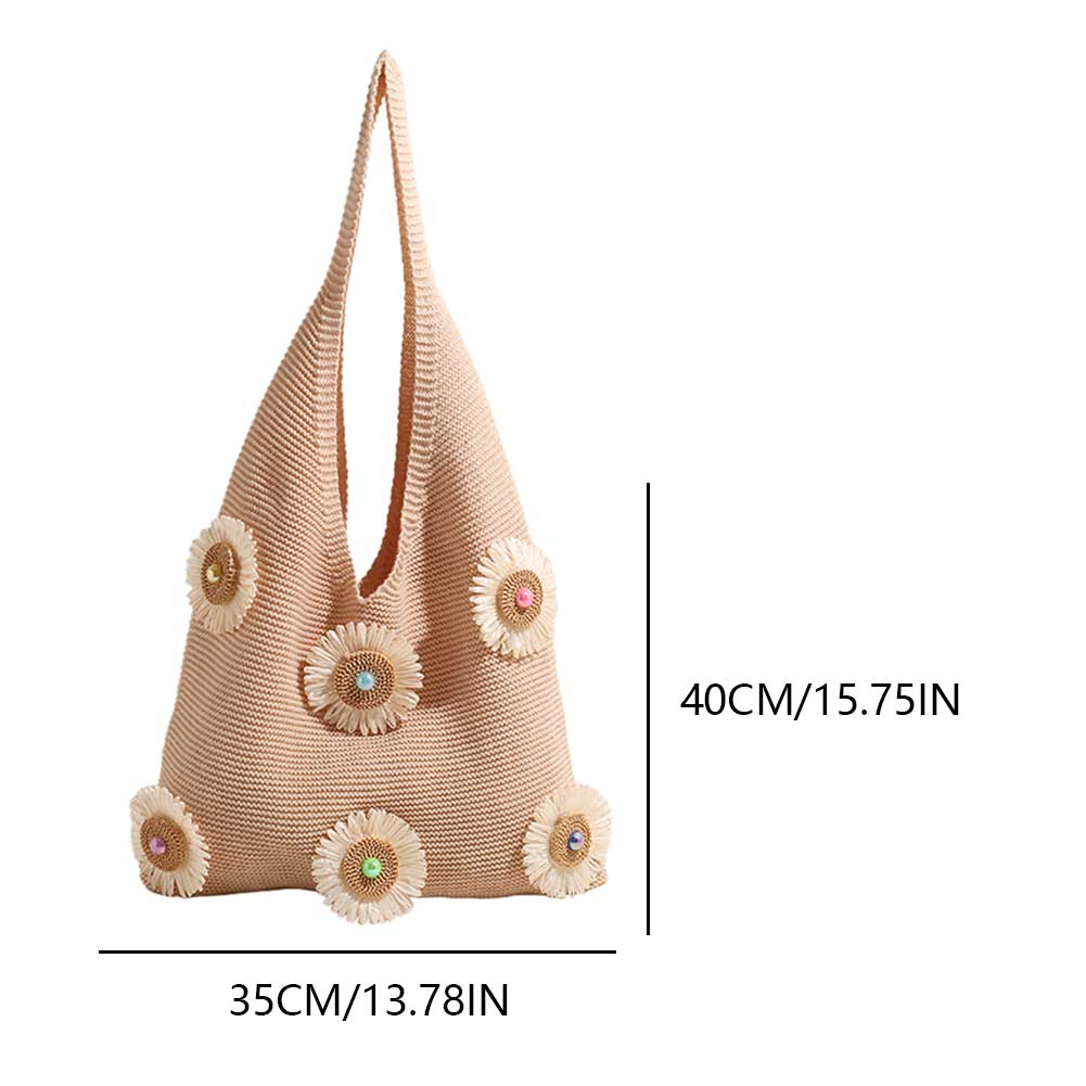 Women Knitted Tote Handbag Hollow Out Flower Knitting Shopping Handbag Large Capacity Simple Underarm Bag Female Outdoor Bag