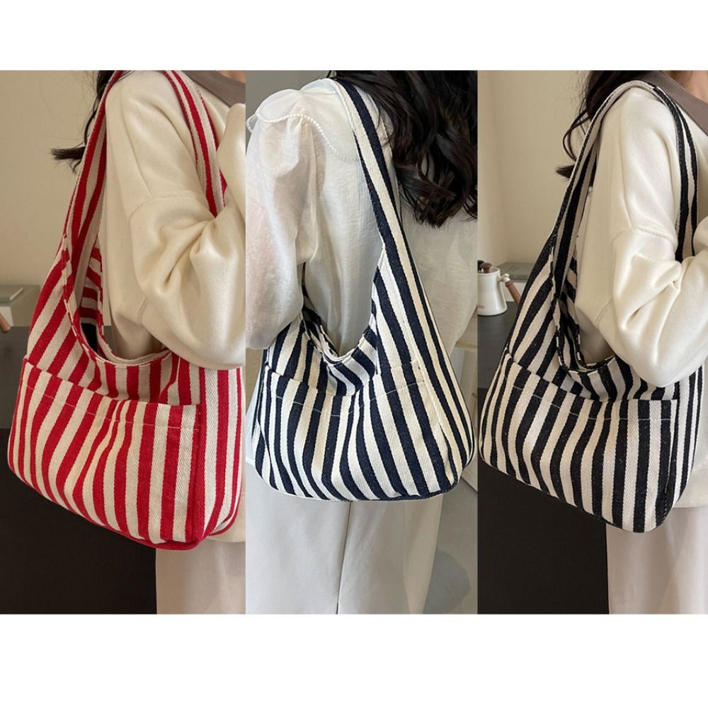 Fashion Retro Magnetic Snap Vertical Stripe Bag Tote Daily Canvas Shoulder Bag Commute Handbag Vintage Commute Handbag Girls