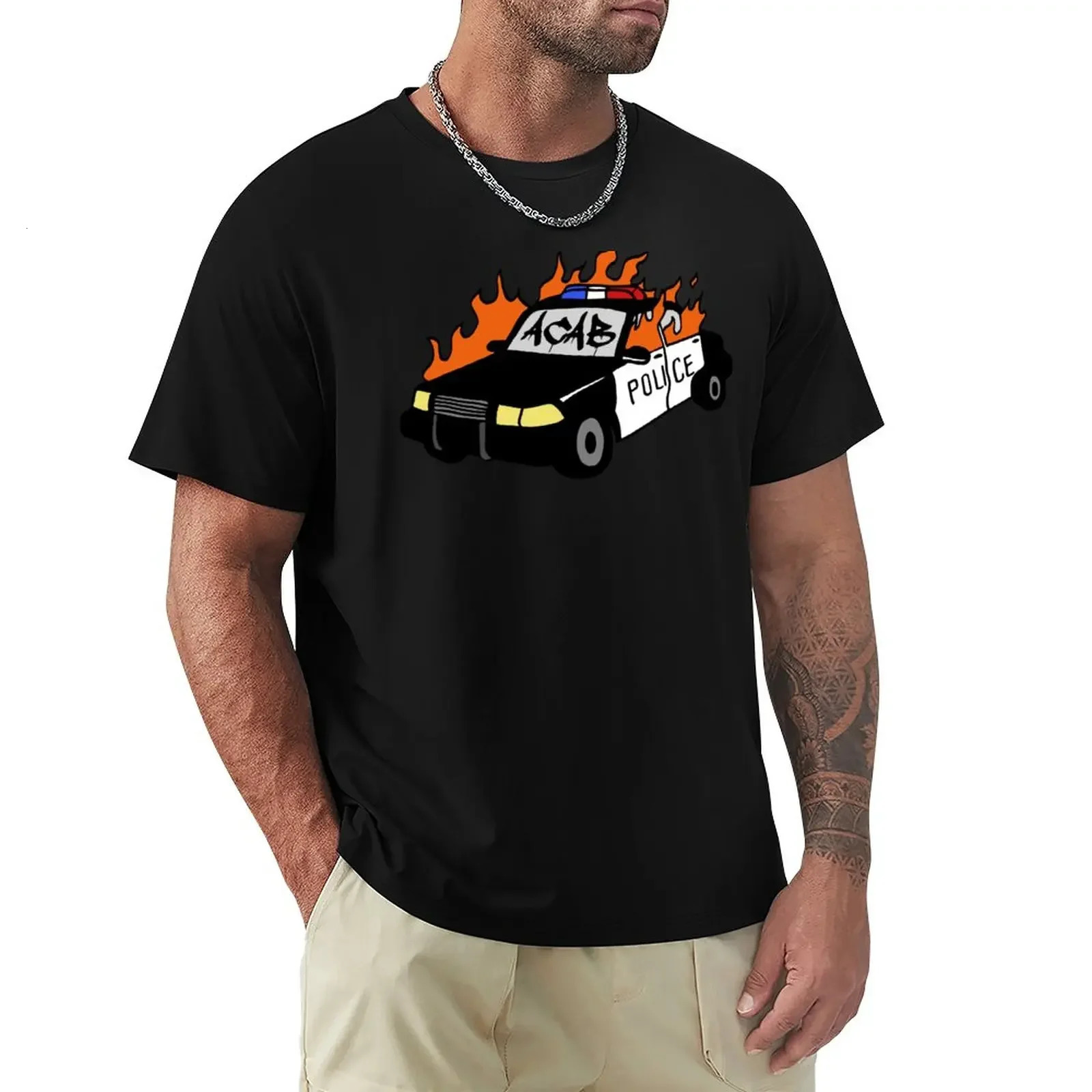 ACAB Burning Cop Car TShirt heavyweights blanks plain t shirts men 240327