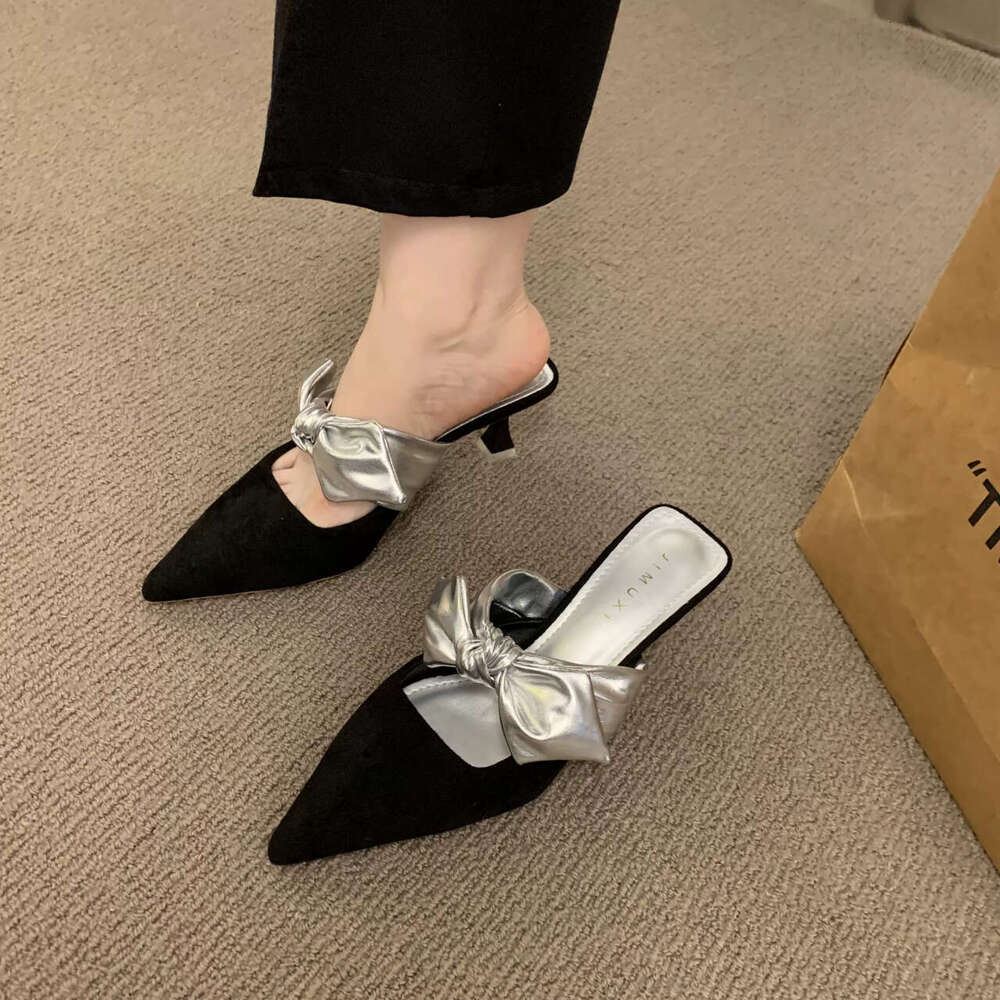 2024 Summer Women Pointed Toe High Heels Sandals Bowknot Fashion wer Shoes Sgback Woman Slippers