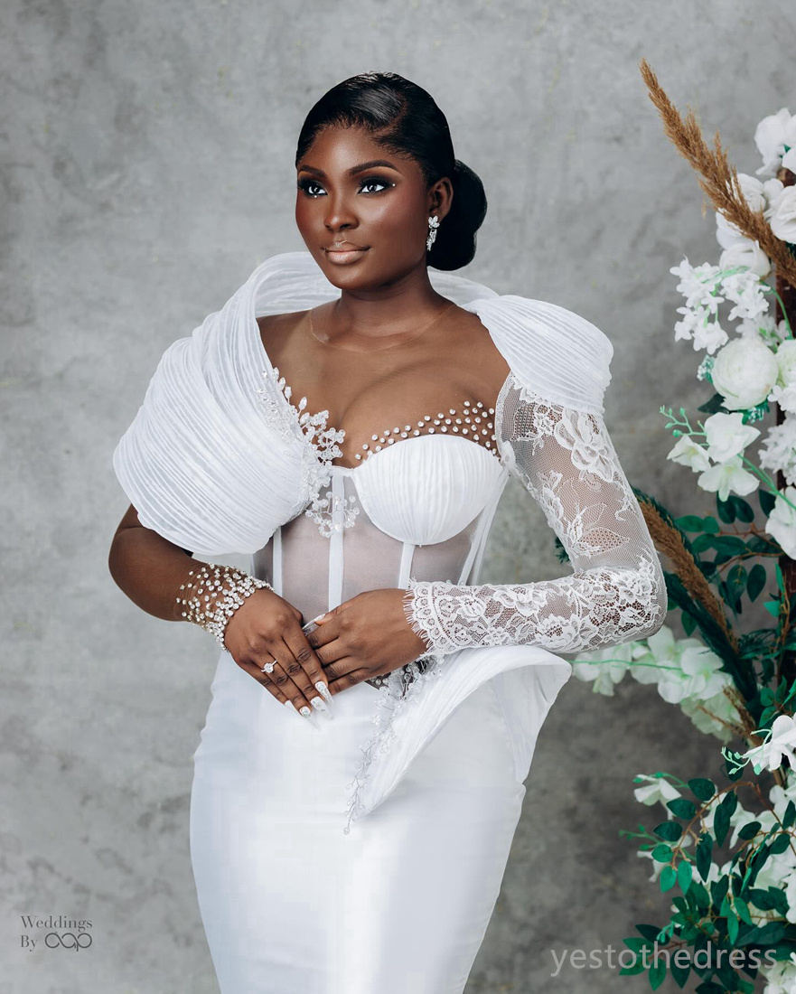 Aso Ebi Mermaid Dress Bride Short Illusion Bridal Beaded Lace Long Sleeves Wedding Gowns For African Nigeria Black Women Girls D190 407