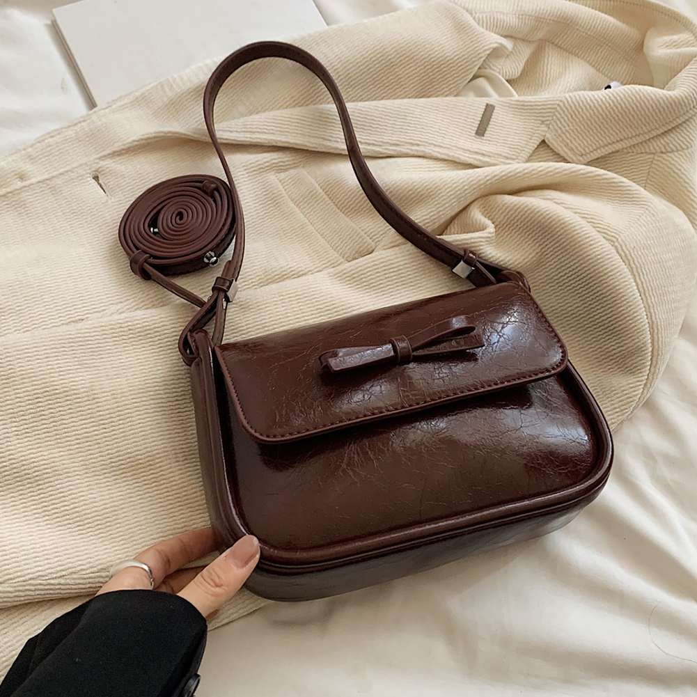 Women Retro Shoulder Bag PU Leather Bow Vintage Crossbody Bag Solid Color Square Underarm Bag Female Commute Bag