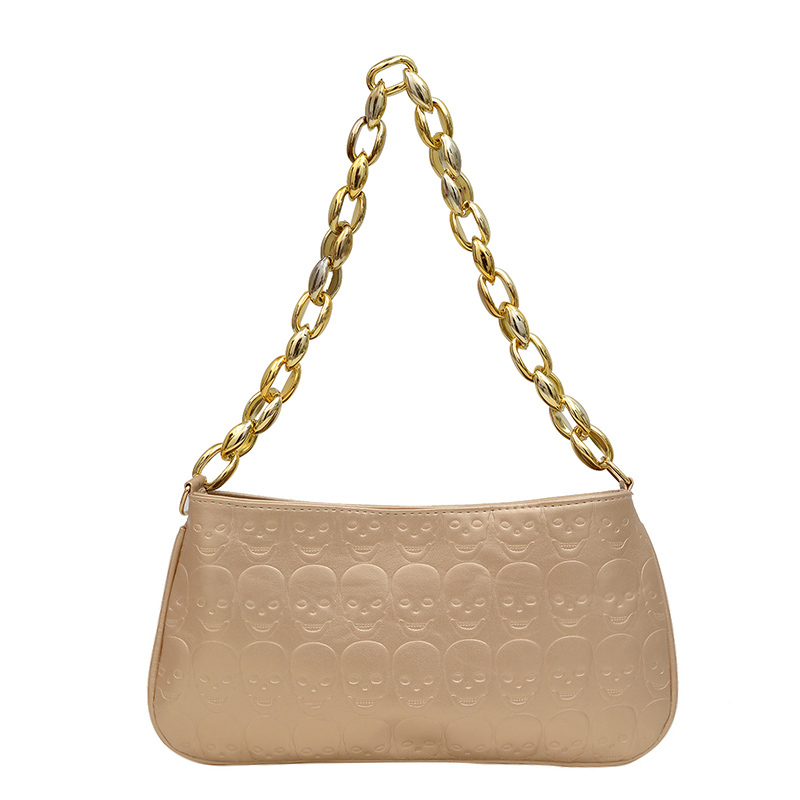 Women Skull Embossed Shoulder Bag PU Leather Skull Chain Underarm Bag Skull Embossed Handbag Ladies Daily Bag