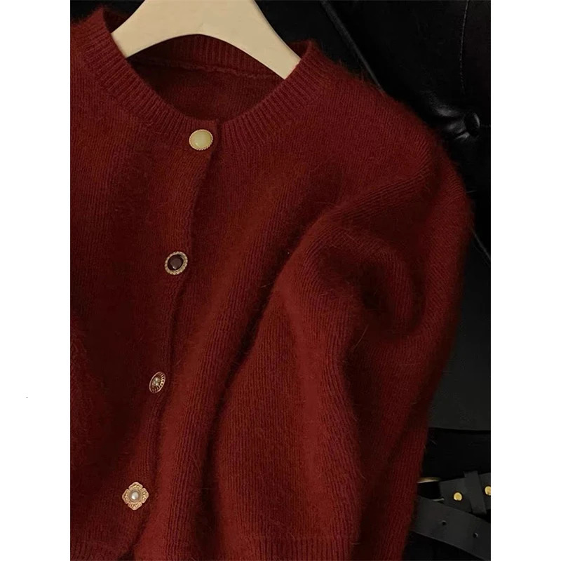 Vintage Cropped Knitted Cardigan Women Korean Long Sleeve Sweater Outerwears Winter Ladies Elegant Chic Knitwear Casual Jumpers 241108