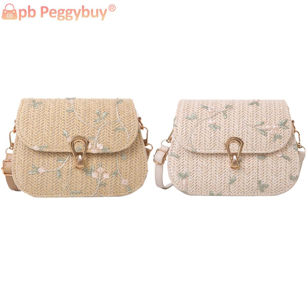 Women Woven Shoulder Bag Adjustable Strap Weaving Flower Purse Hasp Closure Straw Satchel Bag Female Summer Beach Bag