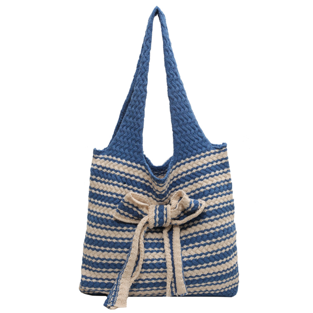 Women Crochet Tote Bag Contrast Color Aesthetic Shoulder Bag Large Capacity Knitted Tote Handbag Woven Bag for Female