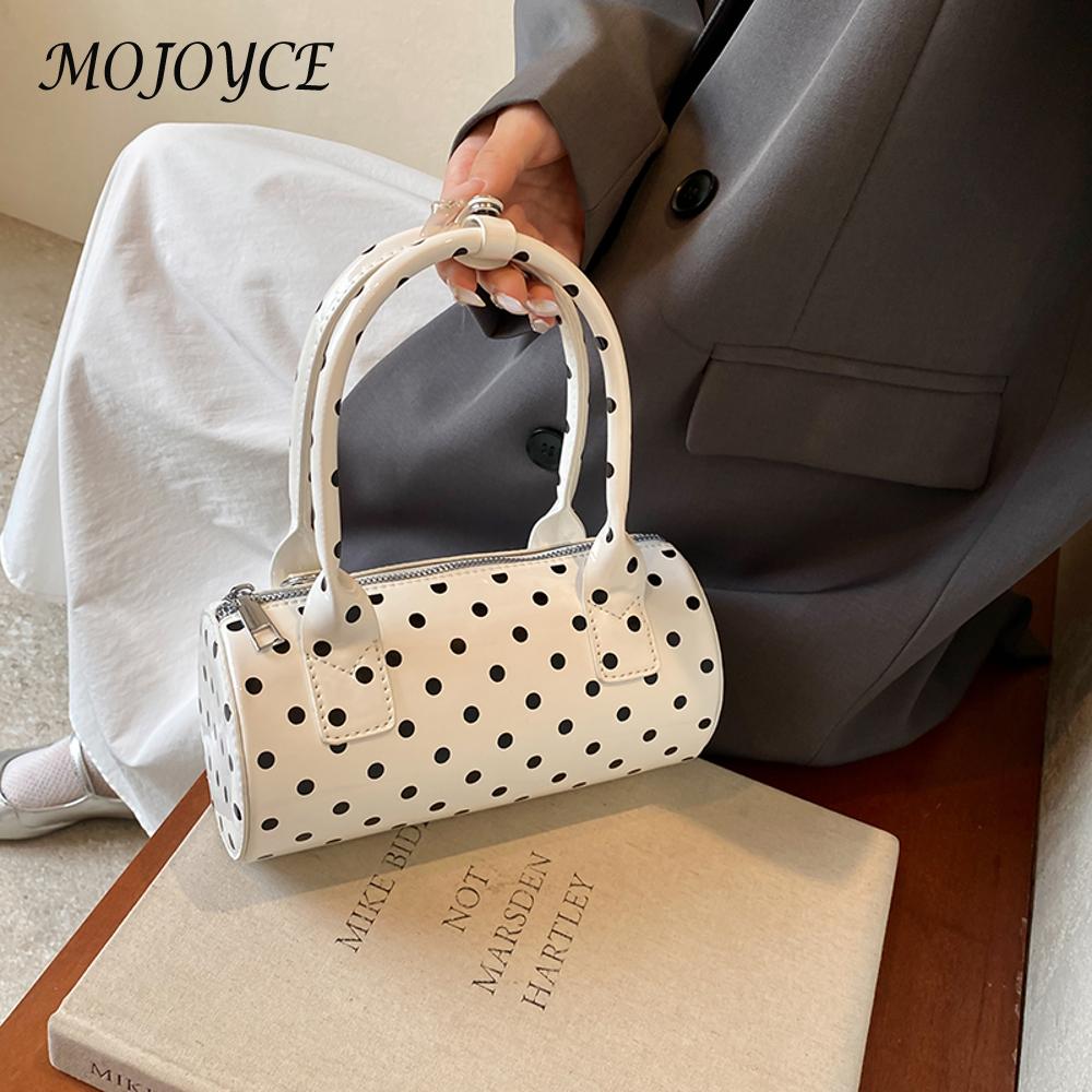 Shoulder Bag for Women Polka Dot Mini Top Handle Purse PU Leather Barrel Shape Cute Handbag Adjustable Strap Clutch Purse