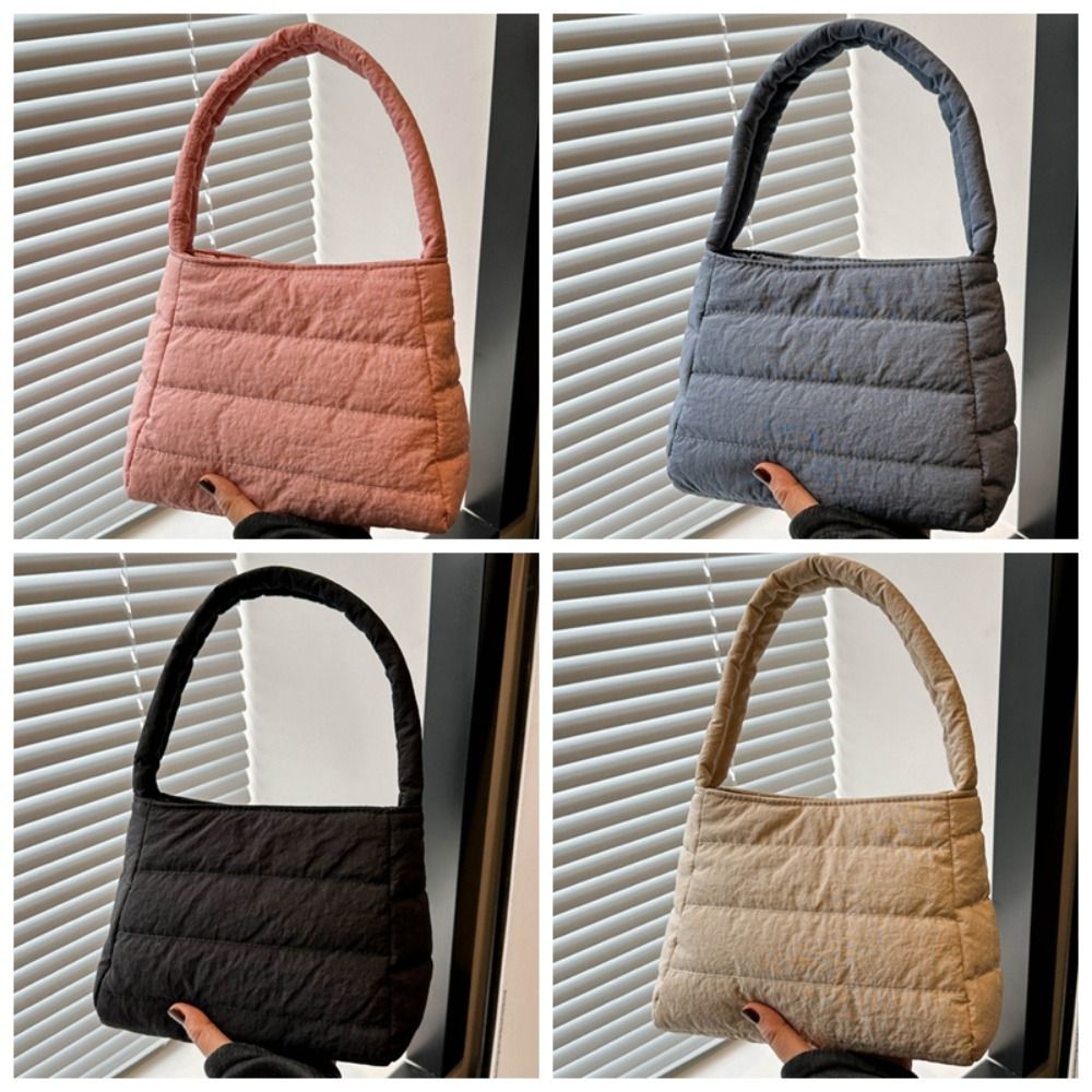 Square Quilted Padding Shoulder Bag Nylon Wide Straps Puffer Underarm Bag Lightweight Canvas Puffy Handbag School