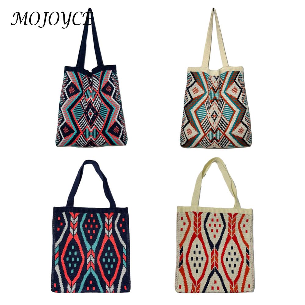 Women Crochet Tote Bag Versatile Knitted Hobo Bag Fashion Travel Printed Handbag Retro Satchel Purses Fall Winter Bag