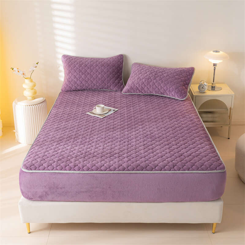 Thick Fleece Mattress Cover Solid Color Quilted Fluffy Bed Queen/King Size Fitted Sheet For Winter (Pillowcase Need Order)