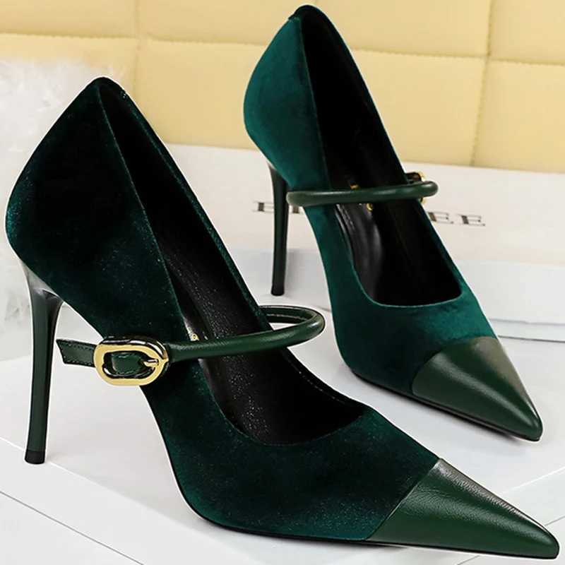 Wen 7cm 10cm High H Pump Women Pointed Toe Metal Buckle Mary Jane Stiletto High Heels H Blue Green Wine Red Suede Shoes Y250319
