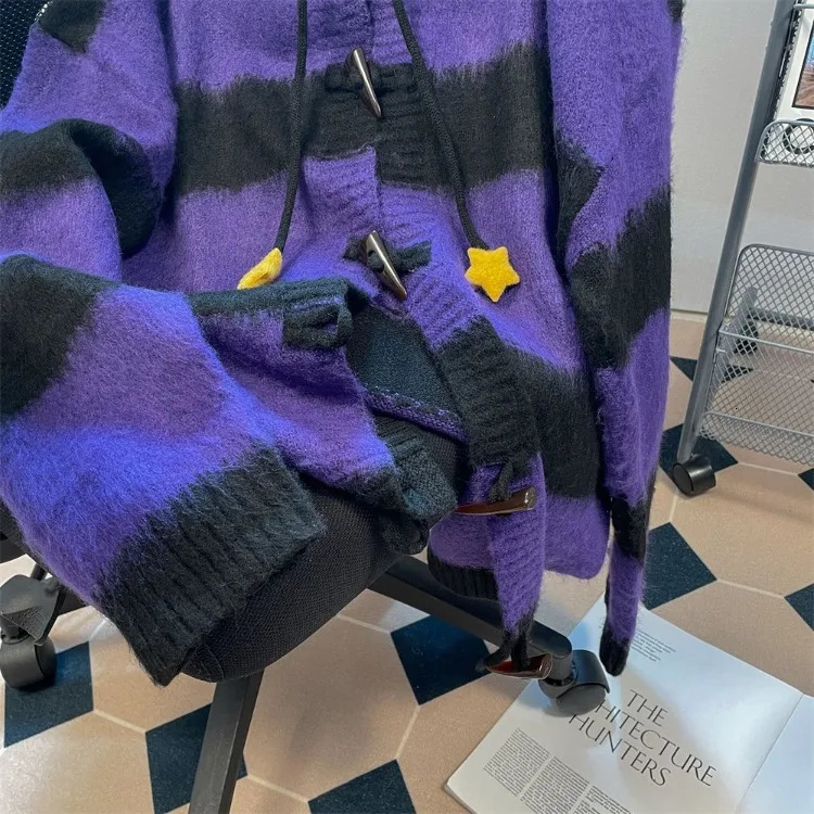 Retro Vintage Purple Black Striped Hooded Sweater Autumn Winter Bull Horn Buckle Cardigan Y2k Long Sleeve Loose Tops Mujer 241108