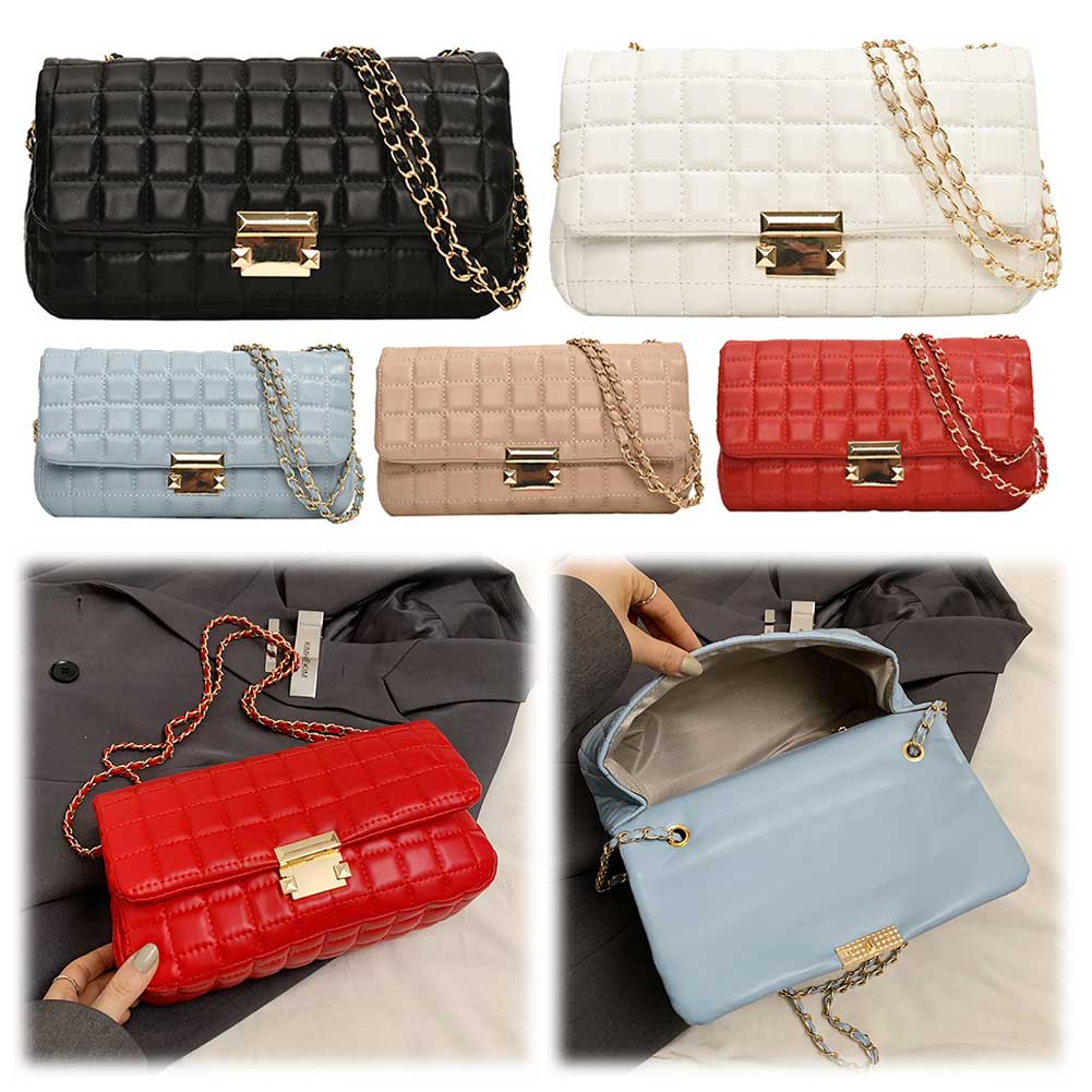 Quilted Crossbody Bag for Women with Chain Square Bag PU Leather Solid Color Satchel Purse Travel Commuter Bag