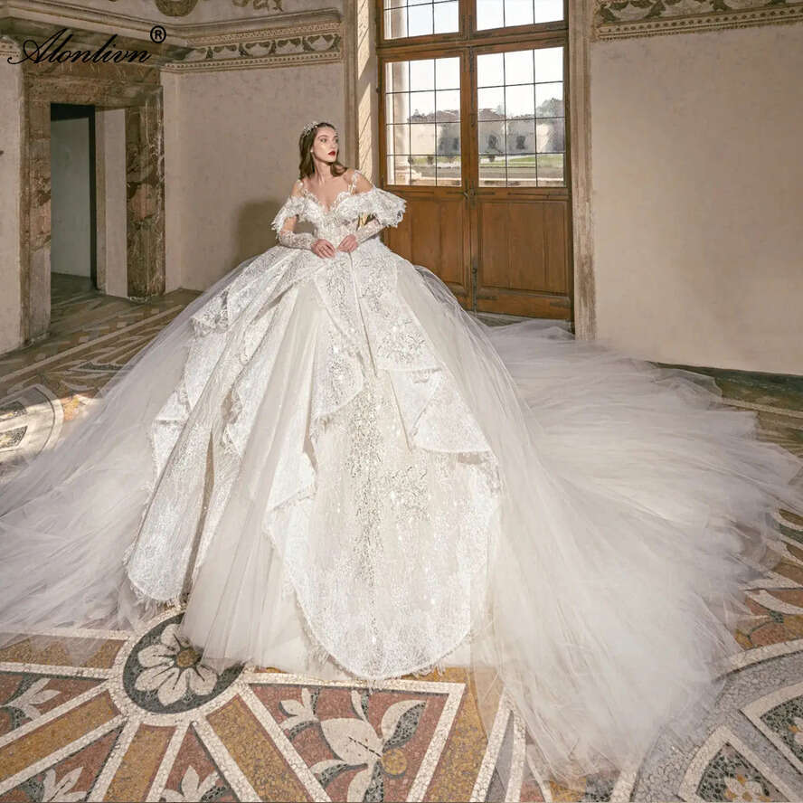 Alonlivn Bg Pearls Lace Tulle V-Neck Ball Wedding Dresses Tiered Cathedral Train Full Sleeves Princess Bride Gown