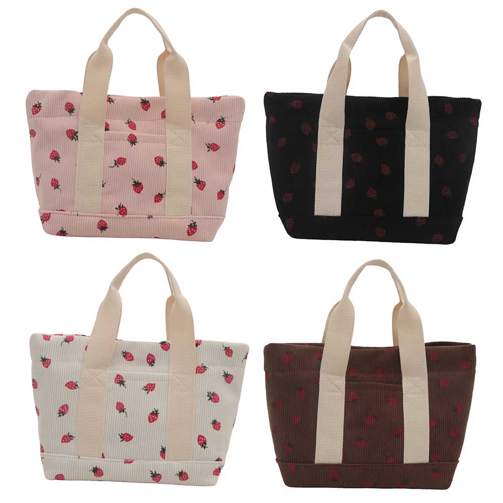 Women Corduroy Tote Bag Strawberry Top Handle Bag with Front Pocket Handbag Trendy Satchel Bag Shopping Work Bag