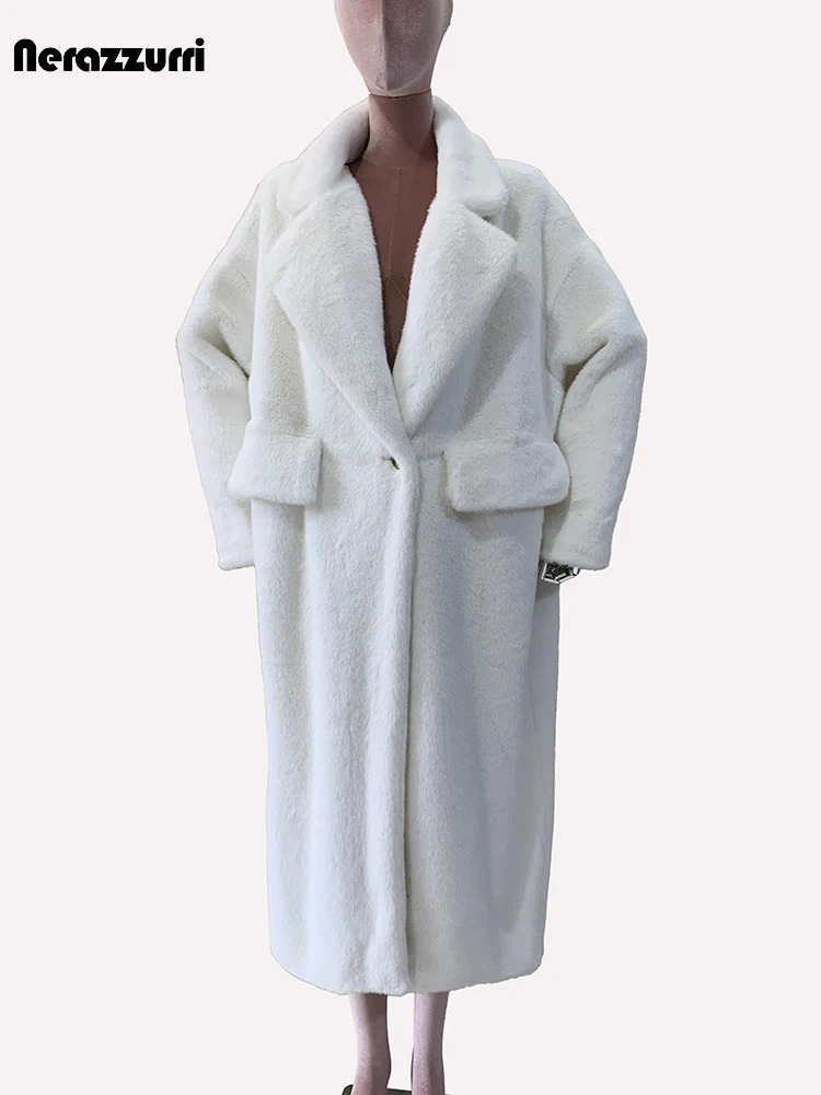 Sapphire winter long fluffy white thick warm soft artificial mink coat for women single button loose casual Korean fashion 241107