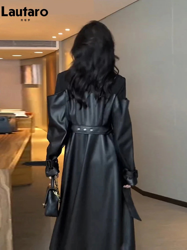 Lautaro autumn long black patch work Pu leather trench coat womens double chest loose fashion er clothing 241107
