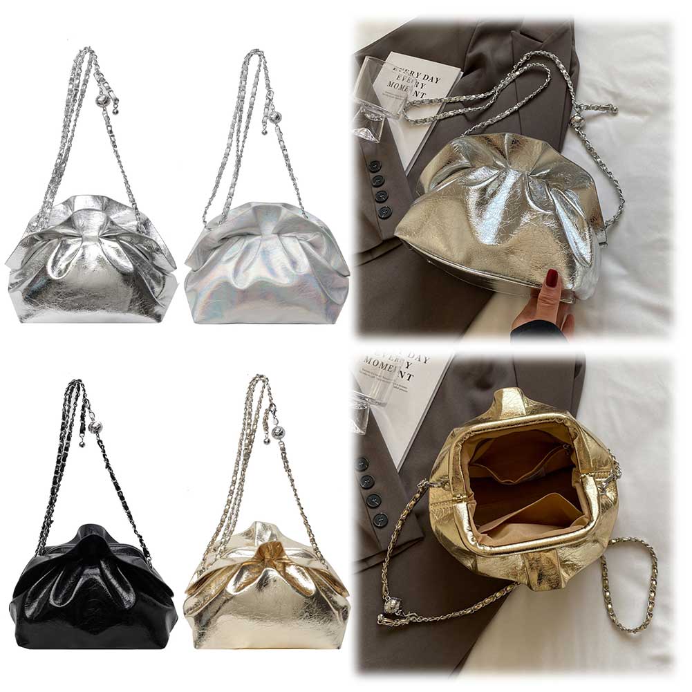 Women PU Leather Evening Bag Ruched Formal Handbag with Detachable Chain Crossbody Bag Dressy Wedding Prom Party Purse
