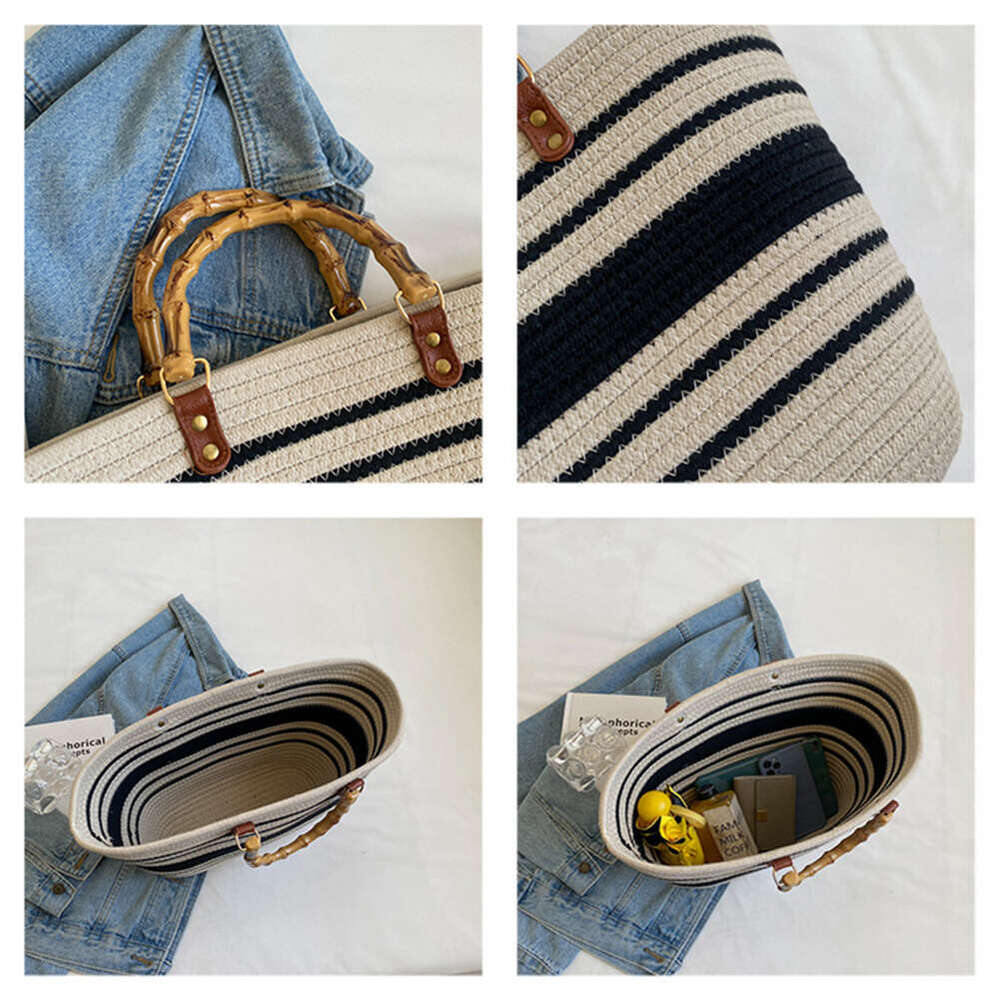 Shopping Tote Bamboo Handle Women Weaving Bag Large Capacity Striped Portable Casual Fashion Exquisite for Seaside Party