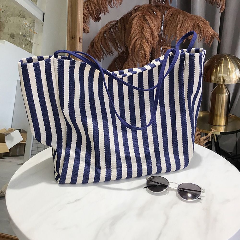 Simple Retro Large Capacity Stripe Bag Tote Commute Canvas Shoulder Bag Daily Handbag Shopping Bag Girls
