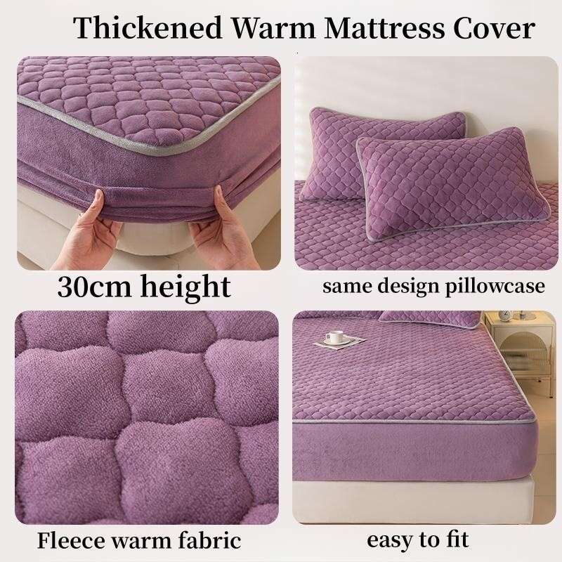 Thick Fleece Mattress Cover Solid Color Quilted Fluffy Bed Queen/King Size Fitted Sheet For Winter (Pillowcase Need Order)