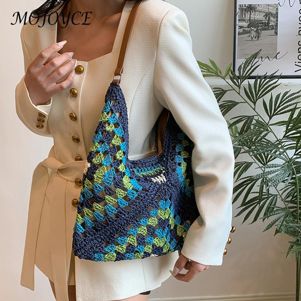 Women Stylish Granny Bag Large Capacity Crochet Hobo Bags Hollow Out Handbags Patchwork Hasp Closure for Outdoor Travel