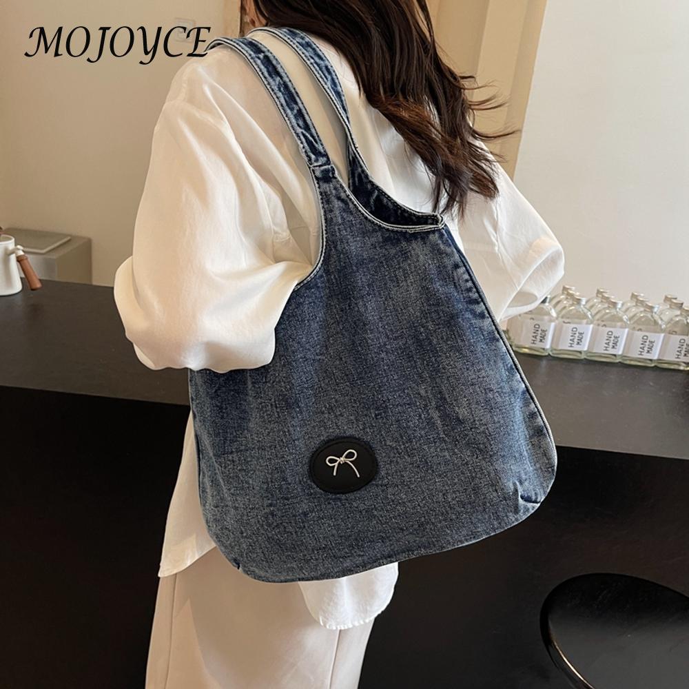 Women Denim Tote Bag Zipper Shoulder Bag Large Capacity Underarm Bag Handbag for Work Commuting
