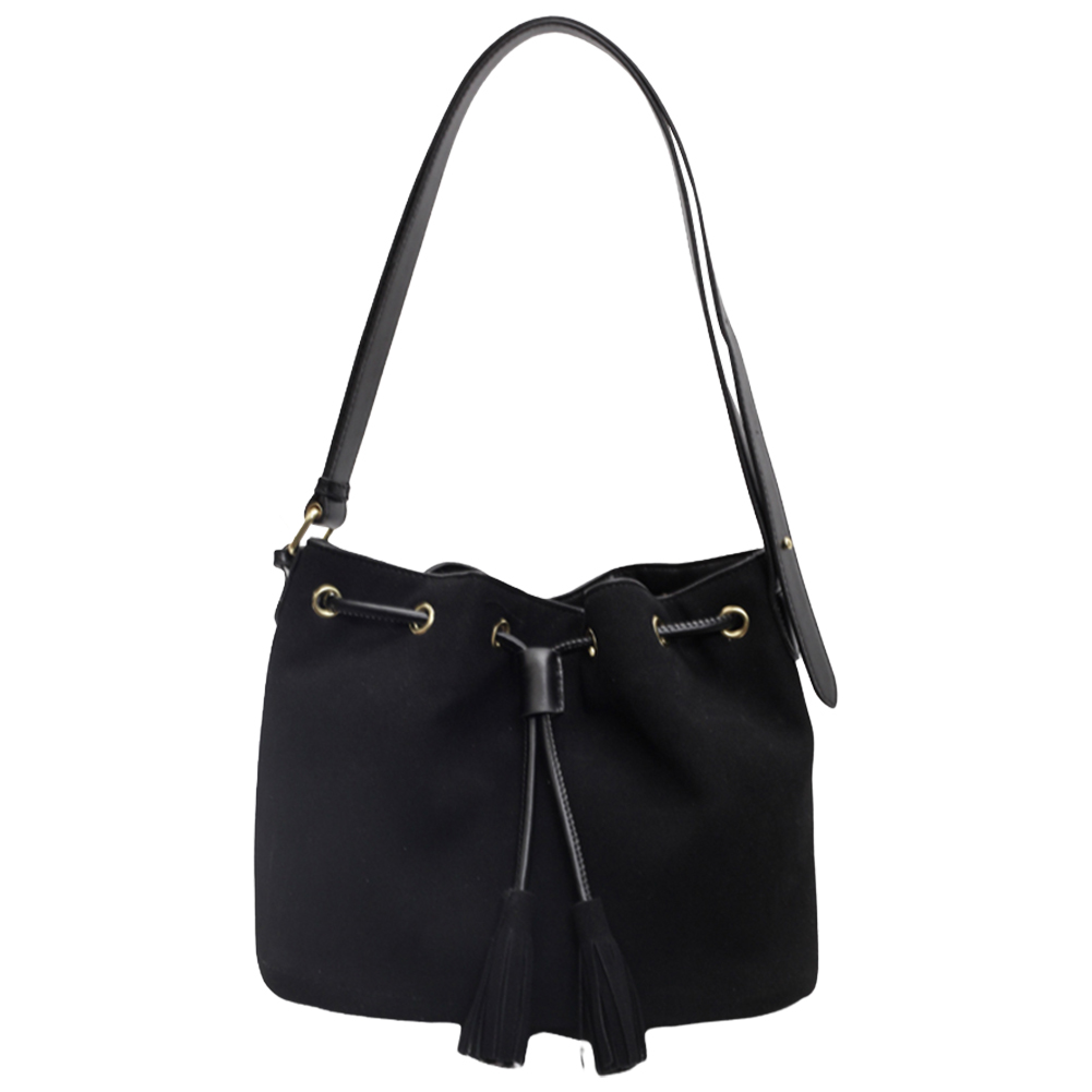 Women Suede Shoulder Bag Adjustable Strap Retro Handbag with Tassel Bucket Bag Solid Color for Work Travel