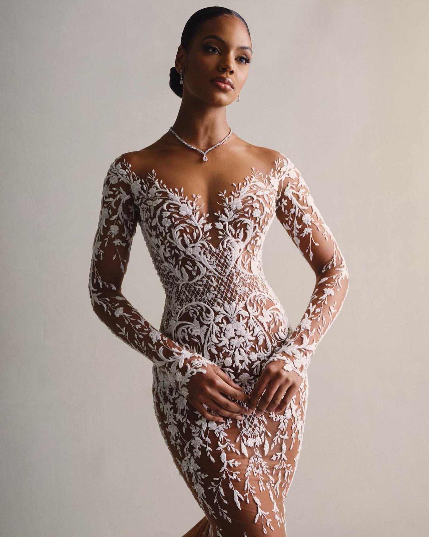 Chart Mermaid Stunning Wedding Dress Tan Illusion Long Sleeves Fulllace Wedding Dresses Bridal Gowns Sweep Train Lacefull Designer Bride Dress es